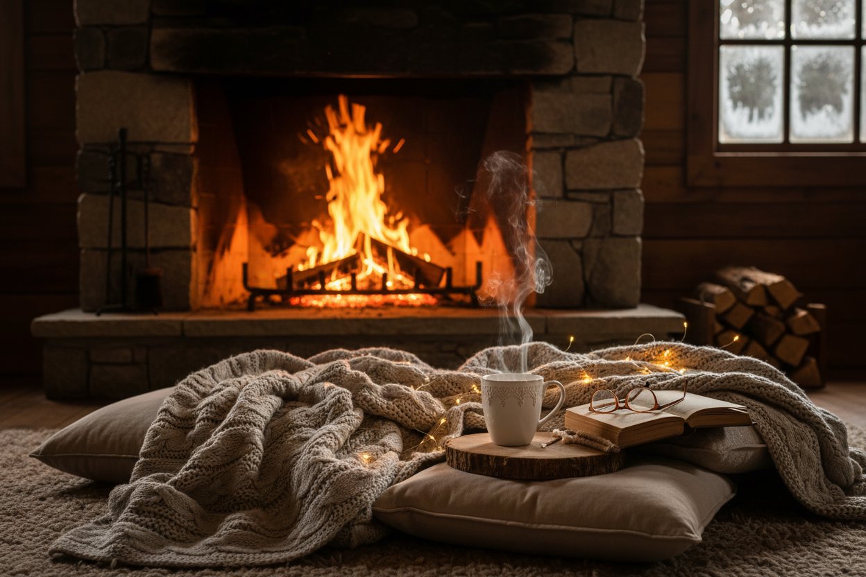 machs vor einem karmin ist beser. also tee kuscheldecke vorm karmin. es sol cozy und schön ausschauen